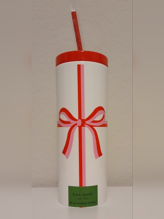 kate spade Other - NWT Kate Spade Pink & Red Bow Tumbler With Straw